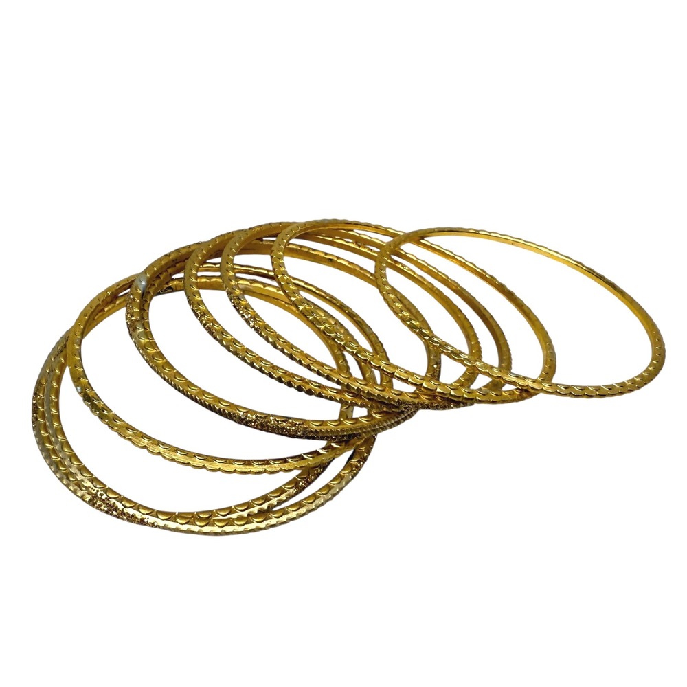 Gold Tone Bangle Bracelet Textured Stacking Womens Fashion Jewelry Set of 9